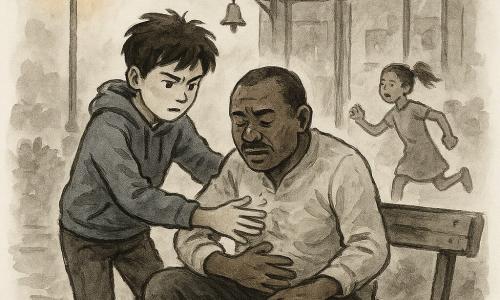 Milo, a focused and brave 12-year-old boy with messy brown hair and determined eyes, wearing a blue sweatshirt, leans over Mr. Kofi to give back blows and abdominal thrusts with slightly trembling hands but a confident expression; Mr. Kofi, about 50, dark-skinned with a short mustache and colorful socks, sits bent on a worn wooden bench, face flushed then relieved, a small white lozenge rolled on the pavement beside him; Lila, a panicked then proud 9-year-old girl with a ponytail, runs toward the shop in the background to fetch help holding a coin; the setting is a small grocer's storefront with a wooden sign and brass bell, a cobbled sidewalk, an orange streetlamp casting warm dusk light, mailboxes and trimmed bushes; the dramatic, immediate scene shows Milo helping to dislodge a stuck object with clear dynamic actions, sweat drops and marked movement, rendered in fluid black ink with gray washes and light color touches to emphasize the evening warmth and the small lighthouse sticker on Milo's notebook near the bench.