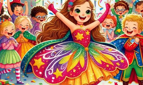 Een 6-jarig meisje, Lotte, met lange bruine haren en sprankelende ogen, draagt een vlinderkostuum met glanzende, kleurrijke vleugels. Ze danst met een grote glimlach op haar gezicht, omringd door glitters en confetti. Naast haar staat haar vriend Finn, een 6-jarig jongetje met rommelig blond haar, in een rode cape versierd met sterren. Hij maakt een blije sprongetje met zijn armen omhoog, klaar om op te stijgen naar het feest. De setting is een feestelijk klaslokaal, versierd met kleurrijke ballonnen, glinsterende slingers en carnaval tekeningen aan de muren. Kinderen in verschillende kostuums dansen en lachen om hen heen, wat een sfeer van vreugde en opwinding creëert. De hoofdscène toont Lotte en Finn die optreden voor hun klasgenoten, met gelach en applaus in de lucht, terwijl levendige kleuren de achtergrond van het lokaal verlichten.