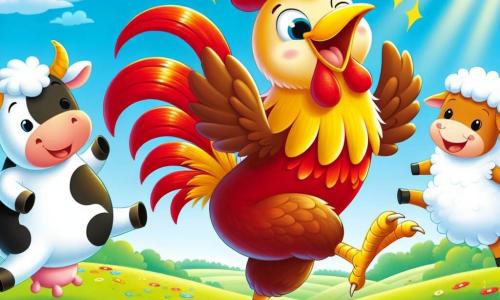 Um galo alegre chamado Zé, com penas vermelhas e douradas brilhantes, dança com entusiasmo, um grande sorriso no rosto. Ele está no centro da imagem, pulando com energia, suas asas abertas. À sua direita, uma vaca branca com manchas pretas, de olhos doces, olha para Zé rindo, com suas grandes orelhas em pé. À sua esquerda, uma ovelha fofinha, com lã branca e cacheada, pula alegremente, seus olhos brilhando de felicidade. Ao fundo, um campo verde se estende até onde a vista alcança, salpicado de flores coloridas e um céu azul radiante. A cena mostra Zé e seus amigos dançando juntos, criando uma atmosfera de alegria e camaradagem na fazenda ensolarada.