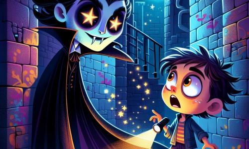 Um vampiro misterioso, Vlad, com uma capa negra flutuante e olhos brilhantes como estrelas, está em um canto escuro de um beco. Seu rosto é pálido e seus dentes afiados estão levemente visíveis, expressando uma surpresa misturada com curiosidade. A alguns passos, Léo, um garoto de 10 anos com cabelos castanhos bagunçados e olhos cintilantes, observa Vlad com uma mistura de espanto e excitação, segurando uma lanterna que ilumina seu rosto. O beco é estreito, cercado por muros de tijolos antigos, com sombras dançantes criadas pela luz da lua. Grafites coloridos decoram as paredes, adicionando um toque de magia urbana. Nessa cena, Léo acaba de tropeçar em uma velha caixa, fazendo um barulho que surpreendeu Vlad. A atmosfera é tensa, mas cheia de potencial, enquanto esses dois seres, um humano e outro vampiro, se encontram pela primeira vez sob a luz prateada da lua.