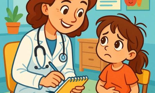 O medică, cu un zâmbet cald și ochi strălucitori, poartă un halat alb și un stetoscop la gât. Se apleacă spre o fetiță de aproximativ 7 ani, care are ochi mari și triști și părul brun în dezordine. Fetița stă pe un scaun, ținându-și burtica cu o expresie de disconfort, dar și de speranță, uitându-se la medică. Cabinetul medical este luminos și primitor, cu pereți vopsiți în albastru deschis, postere colorate despre sănătate și jucării împrăștiate pe podea. O fereastră mare lasă să intre lumina soarelui, iluminând camera. Medica o examinează pe fetiță, punându-i întrebări cu bunătate, în timp ce fetița îi vorbește despre durerea de burtă, sperând să găsească confort și o soluție.