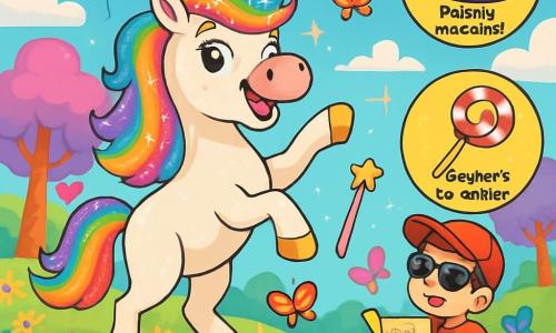 O unicornă strălucitoare, cu o coamă arc-en-ciel sclipitoare și ochi jucăuși, dansează vesel în mijlocul unui câmp de flori multicolore. Are un zâmbet larg, iar copitele ei aurii strălucesc sub soare. Aproape, un băiețel de 8 ani, purtând o șapcă roșie și ochelari de soare, o observă cu uimire, ținând în mâini o hartă a comorii din hârtie. Este așezat pe o piatră, înconjurat de fluturi colorați. Peisajul este feeric, cu copaci cu trunchiuri în spirală și nori în formă de bomboane, în timp ce baloane plutesc în cerul albastru. Unicornul se pregătește să aleagă între o pălărie amuzantă, cizme care cântă și o baghetă magică din zahăr, creând o atmosferă plină de bucurie și entuziasm.