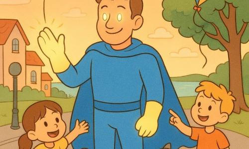 A tall, kind man named Sam stands center in a vivid blue suit and flowing cape, smiling with lamp-bright eyes and glowing gloves, holding a glowing hand that gently floats a red balloon above the road; a 6-year-old girl with brown pigtails in a yellow dress stands nearby on the sidewalk, hands open and awestruck, an 8-year-old blond boy points and smiles at a kite stuck in a tree to the right, a wet grey old cat cuddles Sam's feet by a porch; the scene is a calm, safe seaside village street with pastel houses, red roofs, round lampposts, a wooden bench and an orange-pink sunset, warm colors, rounded contours and soft textures in a simple joyful comic style.