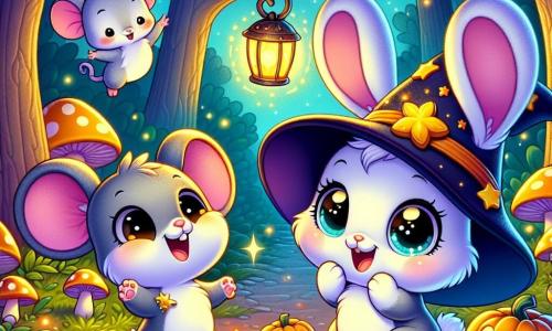 In an enchanted clearing, Bunny Bluebell, a small rabbit with big ears and soft white fur, hops joyfully, her eyes shining with curiosity and excitement. She wears a little black witch's hat adorned with a golden star and holds a sparkling lantern that lights her way. Next to her, Squeaky, a small mouse with gray fur and twinkling eyes, rubs his paws with a mischievous smile, ready to tell a joke. A bit further away, Puddle, a plump duck with bright yellow feathers, flaps his wings laughing, his eyes sparkling with joy as he tries to dance and twirl. The clearing is lit by smiling pumpkin lanterns, surrounded by trees with golden and orange leaves dancing in the wind. Glowing mushrooms add a magical touch, and stars twinkle in the night sky. The friends stand at the center of the Halloween party, surrounded by costumed animals, laughing and dancing together, ready to enjoy delicious treats and share funny stories under the moonlight.