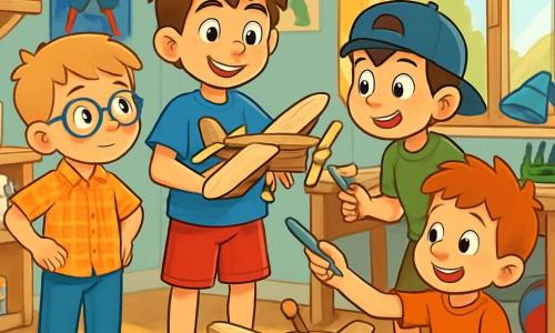 Es gibt vier Kinder: Max, ein 10-jähriger Junge mit zerzausten braunen Haaren und funkelnden Augen, trägt ein blaues T-Shirt und eine rote Shorts und hält stolz ein Holzflugzeugmodell in den Händen. Ben, ebenfalls 10 Jahre alt, hat blonde Haare und eine runde Brille, trägt ein kariertes Hemd und Jeans und betrachtet das Flugzeug bewundernd mit Händen in den Hüften. Lukas, ein 10-jähriger Junge mit schwarzen Haaren und einer rückwärts getragenen Mütze, trägt ein grünes T-Shirt und camouflierte Shorts und zeigt Max ein Werkzeug, bereit ihm beim Reparieren des Flugzeugs zu helfen. Tom, ein 10-jähriger Junge mit roten Haaren und Sommersprossen, trägt ein oranges T-Shirt und kurze Hosen, sitzt auf dem Boden umgeben von Farbe und Pinseln und malt begeistert das Flugzeug. Die Szene spielt in einem hellen Kinderzimmer voller bunter Spielzeuge und Superhelden-Postern an den Wänden. Ein großer Holztisch ist mit Bastelmaterialien überladen, und das Sonnenlicht strömt durch ein Fenster und taucht die Szene in eine sanfte Wärme. Die Hauptsituation zeigt die vier Freunde, die zusammenarbeiten, um ein altes Holzflugzeugmodell zu reparieren. Sie sind konzentriert und fröhlich, teilen Lachen und Ideen, während das halb bemalte Flugzeug mit Teilen, die zusammengeklebt werden, im Mittelpunkt ihrer Aufmerksamkeit steht.