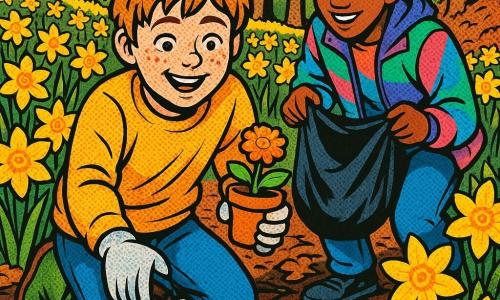 Zwölfjähriger Leo, rundes Gesicht mit Sommersprossen, zerzaustes kastanienbraunes Haar, fröhlich-konzentriert, kniet am Rand eines Feldes heller gelber Narzissen und hebt mit einer Hand einen verschmutzten Plastikbecher auf, in der anderen hält er ein kleines Ringelblumenpäotchen; etwa 13-jährige Mira mit schwarzer Pferdeschwanzfrisur und bunter Jacke lächelt schelmisch-respektvoll, lehnt sich neben Leo und reicht eine kleine Tüte für den Müll, leicht hinten rechts von ihm. Schauplatz: waldbewachsener Hügel mit feuchtem, braunlaubigem Boden, blassem Himmel und schlanken Baumstämmen im Hintergrund, ein „Meer“ leuchtender Narzissen. Szene: Die Kinder säubern behutsam das Narzissenfeld; starker Kontrast zwischen klebrigem Plastik und strahlend gelben Blumen, weiches Morgenlicht, lange Schatten, satte Farben, deutliche Texturen von nasser Erde, seidenen Blütenblättern und glänzendem Plastik.