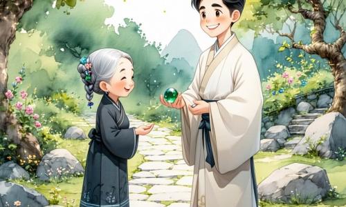Ein junger lächelnder Mann, sanft erstaunt, mit kurzem schwarzen Haar und schlichtem hellbeigem Kimono, hält in der rechten Hand behutsam ein kleines glänzendes Jadeamulett und steht auf einem Steinweg; eine etwa 70-jährige Frau, resolut und wohlwollend, mit grau geflochtenem Haar und dunklem, dezent gemustertem Kleid, steht links etwas zurückgesetzt und blickt ihn mit einem zärtlichen Lächeln an; keine weiteren Hauptpersonen; Ort: ein heiliger Weg, gesäumt von hohen grünen Bambus- und blühenden Kirschbäumen, moosbewachsenen Steinen und alten Steinlaternen, sanftes Abendlicht in rosa und goldenen Tönen; Szene: der Mann hebt das zwischen den Wegsteinen gefundene Jadeamulett, das schwach grün leuchtet, friedliche, magische Atmosphäre mit fallenden Blättern; Stil: Buntstiftstriche, warme Farben und weiche Texturen, leicht verschwommene Konturen, Komposition zentriert auf Mann und Amulett.