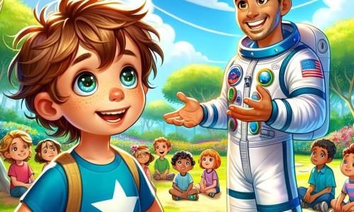 Un niño de siete años, llamado Marcos, está de pie en un parque soleado, con los ojos brillantes de asombro y una gran sonrisa en el rostro. Tiene el cabello castaño despeinado y lleva una camiseta azul con estrellas blancas. A su lado, un hombre alto y sonriente, el astronauta Alejandro, viste un traje espacial blanco con detalles coloridos, explicando con entusiasmo las maravillas del espacio. El parque está lleno de vegetación, con majestuosos árboles y flores coloridas que bailan con la brisa suave. Al fondo, un cielo azul brillante está salpicado de nubes blancas esponjosas. La escena muestra a Marcos escuchando atentamente al astronauta, con las manos en las caderas, cautivado por las historias de viajes interestelares y planetas lejanos. Otros niños, sentados a su alrededor, muestran expresiones de curiosidad y admiración, escuchando ávidamente cada palabra.