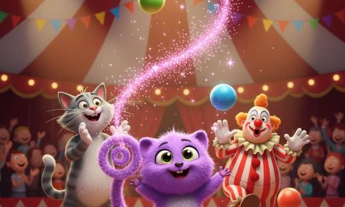 A small main character, a fluffy purple creature named Fizzlewump with bright eyes, a wide smile and a spiral tail blowing pink glitter, stands center juggling three sparkling colorful balls while Whiskers, an enthusiastic grey tabby anthropomorphic cat with twitching whiskers, applauds from just behind left; a surprised, comic clown with a red nose and vivid makeup rushes in from the right chasing a bouncing ball in a textured red-and-white striped costume; the scene is inside a large red-and-white circus tent with polished wooden floor, warm yellow spotlights, colorful pennant garlands and popcorn cones suggested in the background, the joyful circus act at its climax with balls flying high in a cloud of glitter and a blurred applauding audience, dynamic centered composition, saturated colors and strong contrasts for a childlike magical effect.