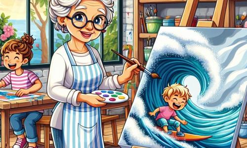 Una donna anziana, Nonna Ada, con i capelli bianchi raccolti in uno chignon leggermente disordinato, indossa occhiali rotondi e un sorriso caloroso sul volto. È in piedi, con un pennello in mano, davanti a una tela bianca, gli occhi brillanti di eccitazione e creatività. Accanto a lei ci sono due bambini: Leo, un ragazzo di 8 anni con i capelli castani arruffati, che dipinge un grande mare in tempesta di colori vivaci sulla sua tela, e Martina, una ragazza di 7 anni con i capelli biondi intrecciati, che ride mentre aggiunge tocchi di blu al suo quadro che rappresenta un gatto. Sono entrambi seduti attorno a un grande tavolo di legno, circondati da barattoli di vernice brillanti e pennelli sparsi. Il luogo è uno studio d'arte luminoso, con grandi finestre che lasciano entrare la luce del sole. Le pareti sono coperte di quadri colorati e il pavimento è cosparso di macchie di vernice. Gli scaffali di legno sono pieni di forniture artistiche e nell'aria aleggia un profumo di vernice fresca. La scena principale mostra Nonna Ada che insegna ai bambini come mescolare i colori, mentre si divertono a creare insieme un'opera collettiva piena di gioia e creatività. Risate e schizzi di vernice riempiono l'atmosfera, catturando lo spirito dell'avventura artistica.
