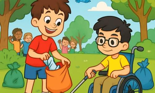 Há 2 personagens principais: - Lucas: um garoto de 10 anos, com cabelo castanho bagunçado e olhos brilhantes. Ele usa uma camiseta vermelha e um short azul. Ele está pegando lixo com um grande sorriso, em pé na grama verde. - Tiago: um garoto de 10 anos, com cabelo preto e óculos. Ele está sentado em uma cadeira de rodas, vestindo uma camiseta amarela e calças bege. Ele usa um longo bastão para pegar uma garrafa plástica, com um olhar determinado. O local é um parque ensolarado, cheio de grandes árvores com folhas verdes vibrantes, flores coloridas e um céu azul claro. O chão está cheio de lixo, mas as crianças trabalham juntas para limpá-lo. É possível ver sacos de lixo coloridos ao redor deles, prontos para serem preenchidos. A situação principal mostra Lucas e Tiago em ação, recolhendo lixo para deixar o parque bonito e limpo. Pássaros voam acima deles, e um grupo de outras crianças os observa com entusiasmo, prontas para se juntar à sua missão ecológica.