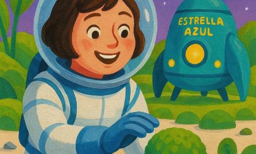 Luna, sonriente y maravillada, con cabello castaño corto bajo un casco transparente, rostro redondo y ojos grandes y claros, vestida con un traje espacial blanco y azul mate, toca suavemente plantas verdes y esponjosas con una mano enguantada; detrás, la nave Estrella Azul, cuerpo redondeado turquesa con luces amarillas, reposa emitiendo un brillo reconfortante como si vigilara la escena; escenario: un pequeño mundo de colinas suaves cubiertas de musgo y grandes plantas en forma de oreja, suelo crema blando, cielo violeta estrellado y pequeñas piedras plateadas; situación: Luna explora con ternura y curiosidad acariciando una planta redonda y mullida, transmitiendo seguridad, calma y alegría del descubrimiento, con colores vivos, contrastes suaves y formas simples y redondeadas aptas para niños pequeños.