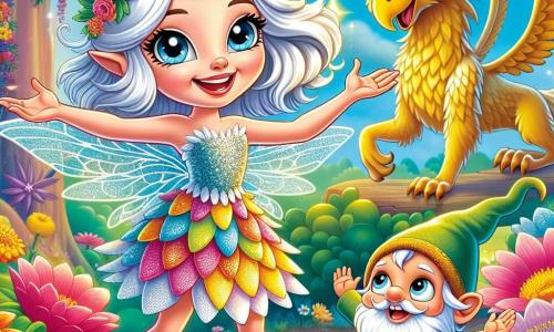 Al centro dell'immagine, Lilla, una bella fata dai capelli argentati, sorride radiosa. I suoi occhi brillano come stelle e indossa un abito fatto di petali di fiori colorati che scintillano alla luce del sole. Canta gioiosamente, con le braccia aperte, circondata da un'aura magica. Accanto a lei, Pip, un piccolo gnomi con grandi orecchie e una folta barba, la guarda con ammirazione. Indossa una tunica verde e un cappello a punta, tenendo una piccola borsa piena di racconti. Gigi, un maestoso grifone dalle piume dorate, si trova sullo sfondo, con le ali spiegate, pronto a proteggere i suoi amici. La scena si svolge presso la Fonte delle Armonie, una sorgente scintillante circondata da fiori multicolori e alberi dai tronchi dorati. L'acqua della fonte scintilla come diamanti e note di musica fluttuano nell'aria, creando un'atmosfera incantata. Lilla canta con passione per ripristinare la melodia magica della fonte, mentre Pip e Gigi la incoraggiano, creando un momento di pura magia e armonia nella foresta.