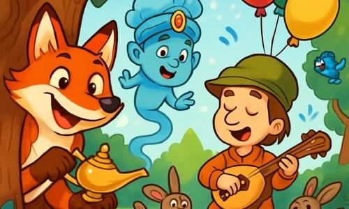 Sprytny i figlarny lis o imieniu Rufus, z jaskrawopomarańczowym futrem i błyszczącymi, figlarnymi oczami, stoi za dużym drzewem, trzymając starą lampę, która świeci złotym światłem. Rufus ma szeroki uśmiech, gotowy do zaskoczenia. Obok niego unosi się miniaturowy dżin, z błękitną, błyszczącą skórą i okrągłymi oczami, zaskoczony i radosny, gotowy spełnić życzenie. Ma włosy w kształcie chmur i nosi mały turban ozdobiony kolorowymi klejnotami. W tle zaczarowana polana jest wypełniona jaskrawymi kwiatami i krzywymi drzewami, podczas gdy ciekawskie zwierzęta, takie jak króliki i ptaki, obserwują scenę z wyrazami zachwytu. Główna sytuacja pokazuje, jak Rufus używa magii lampy, aby przekształcić kapelusz barda grającego muzykę w bukiet kolorowych balonów, które unoszą się w niebo. Zwierzęta śmieją się i tańczą wokół nich, tworząc radosną i festywną atmosferę.
