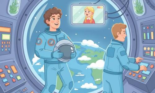 A smiling, awestruck astronaut with curly brown hair in a light-blue suit with a patch floats near a large glass cupola holding a silver helmet to his chest; a fellow astronaut, ~35, fair, short hair in a similar suit tethered to the wall works on an instrument panel to the right; a girl of about 8 with braids in a red dress appears on a small screen or poster on the wall watching in wonder; the bright metallic interior of a space module features a circular window showing the blue-green Earth below, cables, colorful control panels and plant pouches; the main moment: the astronaut gazes at Earth through the cupola, hands on his helmet, with a gentle, proud expression, calm mood, pastel tones, crisp contrasts and simple shapes.