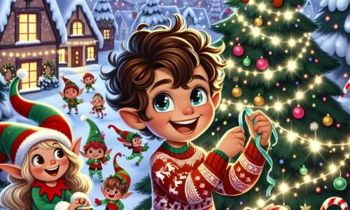Um garoto de 10 anos, com cabelos castanhos e cacheados, usa um suéter vermelho com um padrão de rena. Seu rosto brilha com um grande sorriso, mostrando sua alegria enquanto ajuda elfos a decorar uma grande árvore de Natal. Ao seu lado, um pequeno elfo chamado Pipoca, com orelhas pontudas e um chapéu verde vibrante, ri segurando uma guirlanda brilhante, pronto para pendurá-la na árvore. Mais adiante, uma menina de 8 anos, com tranças loiras e um gorro de Natal, se diverte embalando presentes coloridos, cercada de fitas e papéis brilhantes. A cena acontece em uma charmosa vila coberta de neve, onde as casas estão decoradas com luzes cintilantes e flocos de neve caindo suavemente. Estrelas brilhantes iluminam o céu noturno, criando uma atmosfera mágica. O garoto e os elfos estão preparando uma grande festa de Natal, cheia de risos e alegria, enquanto decoram a árvore e preparam surpresas para as crianças da vila.
