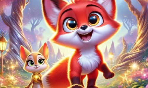 Rocco, una piccola volpe dal pelo rosso vivo e dagli occhi brillanti di curiosità, si trova su una grande roccia, con il vento che sferza il suo pelo. Sorride ampiamente, pieno di eccitazione, tenendo un mappamondo dorato tra le zampe anteriori, pronto per partire all'avventura. Accanto a lui, Seta, una volpe dal pelo dorato e dalle orecchie appuntite, guarda Rocco con aria determinata, gli occhi brillanti di entusiasmo. Si tiene leggermente indietro, pronta a seguirlo, con le zampe pronte a saltare. Lo scenario è un giardino segreto incantevole, pieno di fiori colorati dai petali scintillanti, grandi alberi dai tronchi nodosi e una luce soffusa filtrata attraverso le foglie, creando un'atmosfera magica. Rocco e Seta sono pronti a esplorare questo mondo misterioso, con riflessi di luce attorno a loro, simboleggiando la magia dell'avventura che li attende.
