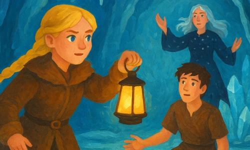 Main girl: Freya, a young woman with braided golden-blond hair, brown fur and leather coat, determined hopeful expression, holding a lantern as she steps toward the entrance of an icy crystal cave; secondary boy: Erik, about 18–20, tousled brown hair, relieved dazed look, standing near crystals inside the cave reaching toward Freya; secondary girl: the North Witch, about 40–50, dark star-speckled robe, silver hair like frost, calm gaze and raised hands on an ice ledge behind Erik breaking a spell; setting: pale blue-lit crystal cave entrance with glittering stalactites, frozen pools reflecting the moon, translucent turquoise-silver walls; scene: an emotional reunion as Freya arrives while the witch dispels magic, cold icy light contrasting with Freya’s warm lantern.