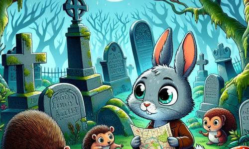A small gray rabbit named Oliver, with big bright eyes and upright ears, stands in the center of a mysterious cemetery, his face showing both curiosity and slight fear. He holds an old map in his front paws, scrutinizing the ancient tombstones around him. To his right, a small hedgehog named Lily, with brown fur and round eyes, looks at Oliver with admiration, her quills slightly raised in worry. To the left, a squirrel named Jasper, with bright red fur, stands on a gravestone, wide-eyed and ready to flee, yet fascinated by the scene. The cemetery is shrouded in light mist, with moss-covered stone graves, twisted trees with bare branches, and a bright moon casting a silvery glow. Determined, Oliver prepares to uncover the secrets of the whispers floating in the air as the wind rustles the leaves around him.
