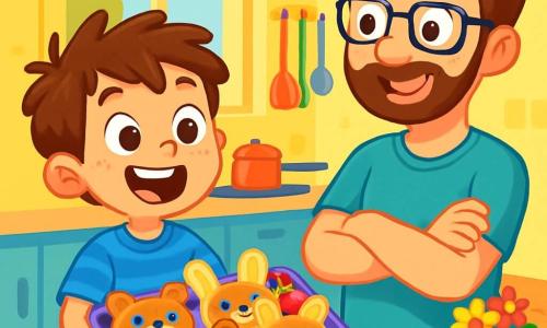 Um menino de 6 anos, Léo, com cabelos castanhos bagunçados e olhos brilhantes de alegria, está de pé em uma cozinha iluminada, com um grande sorriso no rosto. Ele usa uma camiseta listrada azul e um short amarelo, segurando uma bandeja cheia de panquecas em forma de animais, com frutas coloridas por cima. Ao lado dele, seu pai, um homem de cerca de 30 anos com uma barba suave e óculos, olha para Léo com uma expressão surpresa e divertida, de braços cruzados, pronto para saborear a surpresa do filho. A cozinha é espaçosa, com paredes pintadas de amarelo claro, uma grande janela que deixa entrar a luz do sol e utensílios de cozinha coloridos pendurados na parede. Um buquê de flores frescas está sobre a mesa, adicionando um toque de alegria ao ambiente. Léo, todo animado, apresenta orgulhosamente sua bandeja de panquecas ao pai, prontos para celebrar juntos o Dia dos Pais em uma atmosfera alegre e acolhedora.