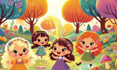 Quatro meninas alegres, com idades entre 7 e 8 anos, estão em uma clareira encantada. Lila, uma garotinha de cabelos loiros e cacheados, sorri amplamente, com olhos brilhantes de travessura. Cora, com cabelos castanhos e franja, observa ao redor com curiosidade, segurando um mapa do tesouro. Mimi, de cabelos ruivos e tranças, salta alegremente em uma poça d'água, espirrando gotas cintilantes. Zuzu, com cabelos castanhos e uma perna mais curta, gira sobre si mesma, rindo alto. A clareira é cercada por árvores de troncos tortos e folhas coloridas, banhadas pela luz dourada do sol poente. Flores multicoloridas e cogumelos engraçados estão espalhados pelo chão, criando uma atmosfera mágica e alegre. As meninas acabaram de descobrir um pote brilhante cheio de Pó Mágico do Riso, e uma nuvem de risadas sai do pote, envolvendo-as em uma atmosfera de felicidade e leveza. Elas riem juntas, caindo na grama, criando uma cena cheia de vida e magia.