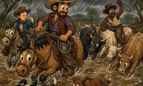 Homem adulto, cow-boy Tomás, expressão concentrada e resoluta, barbas curtas, pele bronzeada, chapéu de feltro bege gasto, camisa xadrez vermelha e azul, colete de couro marrom, botas enlameadas; a cavalo, segura um laço e guia a cabeça de um rebanho através de um vau lamacento. Menino jovem, Zeca, ~18 anos, expressão preocupada mas corajosa, rosto risonho, chapéu menor, jaqueta azul simples; a cavalo à esquerda de Tomás, assopra um apito e controla a linha da tropa para evitar pânico. Homem de meia-idade, Dário, ~35 anos, expressão tensa porém voluntarioso, regata suja e calças remendadas; atrás da coluna de vacas, pronto para lançar um laço ou ajudar um novilho escorregadio. Dois cães de pastoreio, corpos compactos e pelo curto, um preto e branco e outro marrom, em posições alertas correndo entre os animais para canalizá-los. Local: um vau estreito e lamacento, água marrom com remoinhos, seixos escorregadios, margens herbosas molhadas, céu tempestuoso com nuvens cinza-escuro e chuva oblíqua, alguns salgueiros inclinados sobre a água. Situação: travessia dramática do rebanho na chuva, vacas hesitantes com água até as canelas, respingos visíveis, movimentos rápidos dos cow-boys para conter os animais, tensão palpável e heroica, composição dinâmica com diagonais fortes e paleta de tons terrosos realçada por gotas brilhantes.
