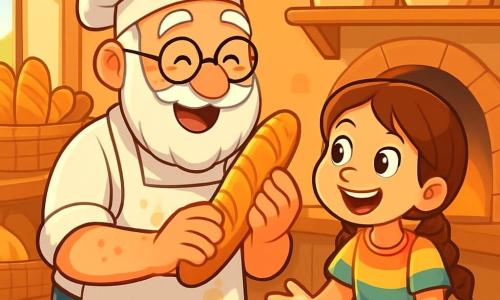 Un hombre mayor, Don Manuel, con barba blanca y gafas redondas, sonríe alegremente mientras sostiene una baguette dorada y crujiente en sus manos. Lleva un delantal blanco manchado de harina y un sombrero de panadero, con los ojos brillando de felicidad. A su lado, una niña de 8 años, Lucía, con cabello castaño y trenzas, mira maravillada la baguette, con los ojos llenos de emoción. Ella lleva una camiseta colorida y un short de mezclilla, con las manos llenas de harina. El escenario es una acogedora cocina de panadería, con estanterías de madera llenas de sacos de harina, cestas de pan fresco y un gran horno de ladrillos que emite un suave calor. La luz de la mañana entra por una ventana, iluminando la escena con un resplandor dorado. La situación principal muestra a Don Manuel enseñando a Lucía cómo dar forma al pan, ambos rodeados de tazones de masa y utensilios de panadería, creando juntos un momento mágico de compartir y descubrir.