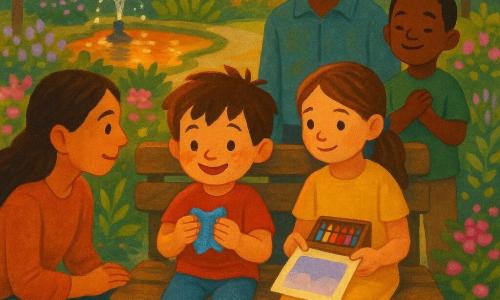 Un niño de 6 años, Leo, en el centro con cara redonda y pecas, pelo castaño despeinado, sostiene delicadamente un pequeño pañuelo azul; a su lado en un banco de madera, Clara, de 9 años, coleta castaña, sostiene una caja de lápices y un dibujo de un cielo lila; Nico, de 6 años, está un poco atrás con pelo negro corto, abraza el pañuelo contra el pecho; la madre (30–35 años) agachada a la izquierda observa con ternura y el padre (30–35 años) de pie detrás del banco señala con la mirada; escenario: camino de jardín botánico al crepúsculo con grava clara, parterres rosa, violeta y blanco, follaje verde tierno, una pequeña fuente y un estanque reflejando el naranja del atardecer, bancos de madera viejos y carteles botánicos; situación: momento íntimo y colaborativo mientras la familia ayuda a encontrar el pañuelo azul entre las hojas, luz dorada atravesando el follaje y gotas de agua brillando como perlas; estilo: pintura a la gouache, colores saturados y texturas mates, pinceladas visibles, contornos suaves, composición clara y centrada para niños de 6 años.