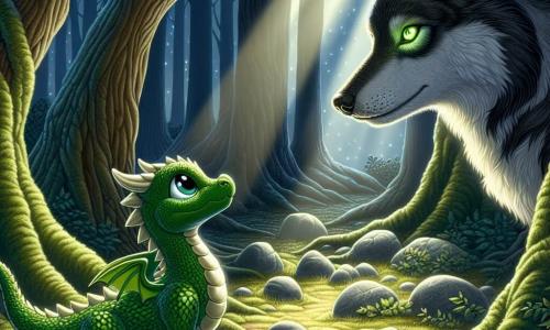 Un pequeño dragón esmeralda, con escamas brillantes, se encuentra en el centro de un claro soleado, con ojos curiosos y una sonrisa decidida. Observa atentamente al gran lobo majestuoso, cuyos ojos brillan como estrellas en la noche, mostrando una expresión a la vez misteriosa y sabia. El lobo, con su pelaje oscuro y sedoso, se mantiene ligeramente retirado, rodeado de árboles imponentes, como si vigilara al dragón con orgullo. El lugar es un claro oscurecido por árboles de troncos nudosos, donde la luz de la luna filtra a través de las hojas, creando un juego de sombras y luces en el suelo cubierto de musgo. La escena irradia una atmósfera mágica e intrigante, donde se puede sentir la tensión de un momento decisivo. El dragón, listo para enfrentar su desafío, se concentra en el lobo que lo observa, mientras una suave brisa hace danzar las hojas a su alrededor, añadiendo un toque de misterio a este encuentro inolvidable.