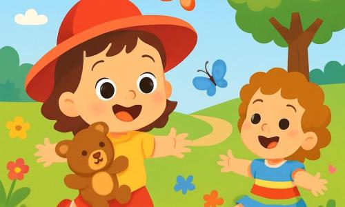 Una niña de 2 años, Ana, con grandes ojos brillantes y una sonrisa alegre, lleva un bonito sombrero rojo. Corre en un jardín verde, con los brazos abiertos, llena de emoción y felicidad. A su lado, su amigo Leo, un oso de peluche suave y esponjoso, está abrazado a su corazón, con una cara amigable y ojos redondos. Sofía, otra niña de aproximadamente 3 años, con cabello rizado y un vestido colorido, las observa riendo. Está sentada en la hierba, rodeada de flores brillantes, y extiende los brazos para unirse a ellas. El jardín está lleno de flores multicolores, mariposas revoloteando y un cielo azul brillante. A lo lejos, un gran árbol ofrece sombra y un camino de grava serpentea por el paisaje. La escena principal muestra a Ana y Sofía corriendo alegremente tras una mariposa colorida que danza en el aire, mientras Leo, el oso de peluche, las acompaña con una mirada llena de amistad.