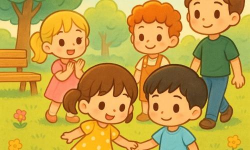 Hay cinco personajes: Ana, niña de 4 años, pelo castaño en coletas, vestido amarillo con lunares blancos, sonriente, controla una pequeña pelota roja con el pie a la izquierda; Mateo, niño de 4 años, pelo negro corto, camiseta azul claro y pantalón corto verde, sostiene la mano de Ana y mira la pelota, a su derecha; Elena, niña de 5 años, pelo rubio en coleta, vestido rosa, aplaude suavemente detrás a la izquierda; Pablo, niño de 5 años, rizos pelirrojos, peto naranja, sonríe con los brazos cruzados a la derecha; niño mayor de 9 años, pelo castaño, camiseta verde oscuro, llega caminando despacio desde la derecha. Lugar: parque soleado y césped verde con flores, un banco de madera a la izquierda, charco brillante, árboles redondeados y cielo azul con nubes. Situación: dos niños juegan tranquilamente con una pelota roja que rueda entre Ana y Mateo mientras los demás miran y aplauden; ambiente cálido y pacífico, colores vivos, luz dorada de tarde, estilo chibi kawaii con ojos grandes y mejillas rosadas.
