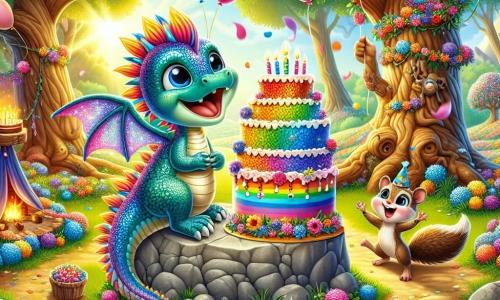 Flämmchen, ein fröhlicher kleiner Drache mit schimmernden Schuppen in Regenbogenfarben und winzigen glänzenden Flügeln, sitzt auf einem großen Felsen in der Mitte der Szene, ein breites Lächeln erhellt sein Gesicht, während er seine Geburtstagsfeier bewundert. Neben ihm hängt Nüsschen, ein schelmisches Eichhörnchen mit braunem Fell und buschigem Schwanz, fröhlich von einem Ast und hält bunte Blumen, die er um die Feier hängt. Ort: eine verzauberte Lichtung in einem magischen Wald, gefüllt mit strahlenden Blumen, großen Bäumen mit knorrigen Stämmen und Sonnenstrahlen, die durch das Laub filtern und eine warme, festliche Atmosphäre schaffen. Die Hauptsituation zeigt Flämmchen umgeben von seinen tierischen Freunden, die alle zusammen lachen und spielen, mit einem wunderschönen Regenbogenkuchen in der Mitte, während Luftballons in der Luft schweben und Blumengirlanden den Raum dekorieren.