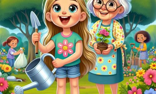 O fetiță de 8 ani, Maria, cu părul lung și blond și ochi strălucitori, zâmbește fericită în timp ce ține o lopată și o mică plantă în mâini. Poartă un tricou colorat cu motive florale și o pereche de pantaloni scurți din denim, iar fața ei exprimă entuziasm și mândrie. Lângă ea, bunica sa, o femeie în vârstă cu părul gri și ochelari rotunzi, zâmbește călduros în timp ce ține o udătoare, pregătită să o ajute pe Maria să planteze floarea. În fundal, un parc verde plin de flori colorate și copaci măreți, cu copii care adună deșeuri și plantează flori, creând o atmosferă veselă și dinamică. Situația principală arată cum Maria și bunica ei plantează o floare împreună, simbolizând angajamentul lor de a proteja natura și de a lupta împotriva schimbărilor climatice.