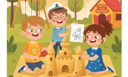 Un ragazzo di 8 anni felice e sicuro, capelli castano chiaro corti, occhi verdi, maglietta gialla con un grande sole, ginocchia sabbiose, tiene una pala rossa aggiungendo una torre al castello di sabbia; una ragazza di circa 8 anni, Sara, sorridente e orgogliosa, capelli castani ricci legati, vestito blu con stelle, modella un muro accanto a lui con le mani piene di sabbia; un ragazzo di circa 9 anni con piccolo cappello da capitano, occhiali tondi e camicia a righe, ride mostrando un disegno di razzo che posa vicino al castello; ambientazione in un parco al crepuscolo con sabbia dorata, erba, una piccola casetta colorata 