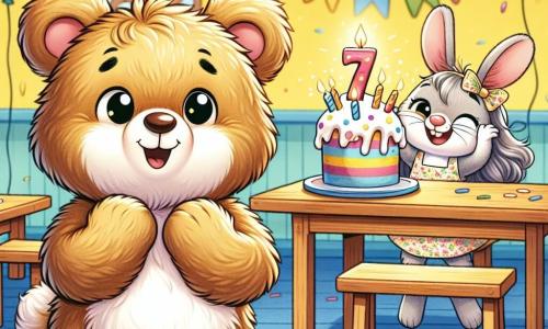 Un giovane orsetto di peluche, con un morbido pelo marrone e occhi brillanti di gioia, si trova al centro di un'aula decorata per un compleanno. Sorride ampiamente, con le piccole zampe sollevate in segno di entusiasmo, mentre guarda una grande torta colorata su un tavolo, decorata con candele scintillanti. Accanto a lui, una piccola coniglietta dalle grandi orecchie e pelo bianco, con un bel grembiule a fiori, applaude con un sorriso radioso, piena di eccitazione per la festa. Un topolino, con pelliccia grigia e occhi maliziosi, si nasconde dietro un palloncino, ridendo gioiosamente mentre tiene un piccolo regalo tra le zampe. La scena si svolge in un'aula luminosa, con muri gialli e festoni di carta colorata appesi al soffitto. Disegni di bambini decorano le pareti, e banchi di legno sono disposti attorno a un grande tavolo dove si trova la torta di compleanno. Il momento magico mostra gli amici dell'orsetto che gli fanno una sorpresa di compleanno, riempiendo la stanza di risate e gioia, mentre si preparano a cantare "Tanti Auguri".