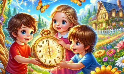 In un giardino soleggiato, tre bambini sono riuniti. Luca, un ragazzo di tre anni con i capelli castani disordinati e una maglietta rossa, tiene un piccolo orologio dorato tra le mani, con gli occhi che brillano di eccitazione. Alla sua sinistra, Sara, una bambina di tre anni con lunghi capelli biondi intrecciati e un vestito rosa, guarda l'orologio con meraviglia. A destra, Marco, un ragazzo di tre anni con i capelli castani e in pantaloni corti blu, sorride indicando un grande albero dietro di loro. Il giardino è pieno di fiori colorati, farfalle svolazzanti e un cielo blu splendente. Sullo sfondo si intravede una piccola casa di legno con una recinzione bianca. La scena principale mostra i bambini che scoprono l'orologio magico, circondati da un'aura scintillante, mentre si preparano a usarlo per viaggiare nel tempo, con elementi di magia e avventura che fluttuano attorno a loro.