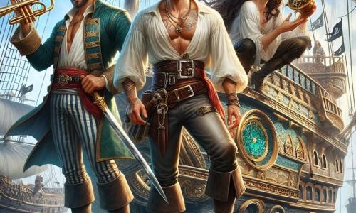 Der Hauptcharakter, ein Mann namens Klaus, ist ein Pirat mit strahlendem Lächeln und abenteuerlichen Augen. Er trägt einen Piratenhut mit einer bunten Feder, ein weißes Hemd mit Puffärmeln und gestreifte Hosen. Klaus steht stolz auf dem Deck seines großen Schiffes, der „Aventurelust“, und schwenkt eine Trompete, bereit, seinen Feinden entschlossen entgegenzutreten. An seiner Seite ist Rudi, ein kräftiger Mann von etwa 30 Jahren mit brauner Bart und muskulösen Armen, der ein großes Netz zum Fang feindlicher Piraten vorbereitet. Lila, eine 25-jährige Frau mit langen, welligen Haaren, beugt sich über eine Karte und sucht nach einem Fluchtweg. Die Szene spielt auf einem prächtigen Piratenschiff, das über ein türkisfarbenes Meer segelt, mit funkelnden Wellen unter einem blauen Himmel mit weißen Wolken. Klaus und sein mutiges Team bereiten sich darauf vor, Captain Schrecklichs Piraten zu begegnen, während Klaus in seine Trompete bläst, um sie zu erschrecken, während Rudi und Lila um ihn herum aktiv sind, bereit, ihr Schiff zu verteidigen und ein neues aufregendes Abenteuer zu erleben.