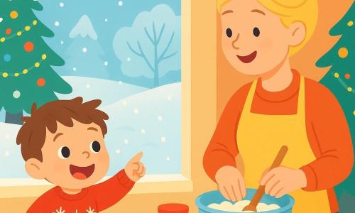 A 2-year-old boy with messy brown hair and a big joyful smile is looking out the window. He is wearing a red sweater with snowflakes and striped socks. His face shows curiosity and wonder. Next to him, his mother, a woman in her thirties with blonde hair tied in a bun, is baking cookies in the kitchen, surrounded by colorful jars and flour flying in the air. The room is cozy, with a Christmas tree decorated with sparkling garlands and colorful ornaments. Outside, a magical winter landscape stretches out, with snow-covered trees and gently falling snowflakes. The little boy, amazed, points to the snow covering the garden, ready to discover the wonders of Christmas.