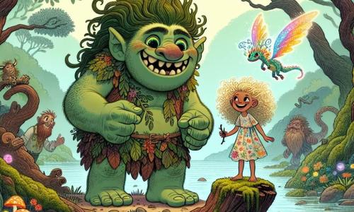 Een grote troll genaamd Bert, met een groenachtige huid en sterrenachtige ogen, glimlacht warm terwijl hij op een oude met mos bedekte steen staat. Hij heeft een brede mond en stralend witte tanden, en draagt een rok van bladeren. Naast hem kijkt Lila, een tienjarig meisje met gouden krullen, verwonderd naar de troll, met twinkelende ogen van nieuwsgierigheid. Ze draagt een kleurrijke jurk versierd met bloemen en houdt een takje in haar hand, klaar om te verkennen. Op de achtergrond vliegt een kleine glinsterende draak genaamd Glimmer, met kleurrijke schubben, vrolijk om hen heen en laat een spoor van licht achter. De scène speelt zich af in een mysterieuze moeras, waar kromme bomen rond een kleine open plek staan. Een lichte mist zweeft boven het kalme water en luminescente bloemen groeien tussen de boomwortels. In het midden van de open plek dient een oude met mos bedekte steen als ontmoetingspunt voor onze vrienden. De belangrijkste situatie toont Lila, Bert en Glimmer die zich voorbereiden om een oude houten brug over te steken, omringd door de magie van het moeras, klaar om het hart van deze fantastische wereld te ontdekken.