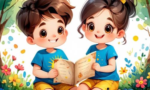 Un niño de 6 años, llamado Pablo, con cabello castaño desordenado y ojos brillantes de alegría, está sentado en la hierba verde del parque, rodeado de flores coloridas. Lleva una camiseta azul con un dibujo de sol y un pantalón corto amarillo, sonriendo ampliamente mientras sostiene un mapa del tesoro en sus manos. Junto a él, su mejor amiga Sara, una niña de 6 años con cabello rubio trenzado y ojos azules, señala una gran flor roja, asombrada. Ella lleva un vestido rosa con lunares y sandalias blancas. Un poco más lejos, Tomás, un niño de 6 años con gafas redondas y cabello negro, busca un tesoro escondido en un arbusto. Lleva una camiseta verde y un pantalón corto beige. El parque está lleno de colores vivos: árboles majestuosos con hojas verdes, flores brillantes de todos los tonos y una pequeña fuente que brilla al sol. El cielo es azul con algunas nubes blancas esponjosas. La escena principal muestra a Pablo y sus amigos en plena búsqueda del tesoro, riendo y divirtiéndose, con sonrisas radiantes en sus rostros mientras descubren sorpresas escondidas bajo las flores y en los arbustos.