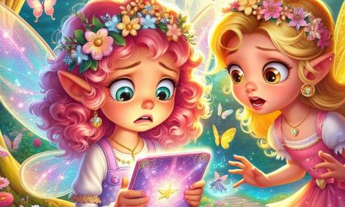 W zaczarowanym ogrodzie mała wróżka o imieniu Lila, z błyszczącymi skrzydłami i kręconymi różowymi włosami, z niepokojem na twarzy trzyma magiczną tabliczkę w rękach. Obok niej jej najlepsza przyjaciółka Zuzia, inna wróżka ze złotymi skrzydłami i blond włosami, patrzy na Lilę z wyrazem wsparcia i determinacji, gotowa jej pomóc. Ogród jest pełen kolorowych kwiatów, tańczących motyli i wielkiego majestatycznego drzewa w tle, tworząc magiczną i ciepłą atmosferę. Główna sytuacja przedstawia Lilę, która czyta nieprzyjemne komentarze na swoim urządzeniu, podczas gdy Zuzia oferuje jej pocieszające słowa, podkreślając znaczenie przyjaźni w obliczu trudności.