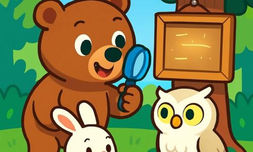 O personagem principal é um urso pardo chamado Tom, com pelagem suave e sedosa, olhos redondos e brilhantes de curiosidade. Ele tem uma expressão determinada e alegre, segurando uma grande lata azul em sua pata, enquanto examina uma placa de madeira. Ao lado dele está uma coruja chamada Lili, com penas brancas e olhos amarelos brilhantes, que observa atentamente a placa, parecendo concentrada e curiosa. Um pequeno coelho chamado Pipo, com grandes orelhas e pelagem branca, está agachado perto de Tom, segurando um pequeno pedaço de bolo, com um sorriso tímido no rosto. O local é uma clareira verdejante, cercada por árvores majestosas com folhas vibrantes, e flores coloridas espalhadas pelo chão. No centro, uma placa de madeira está pendurada em uma árvore, com letras quase invisíveis que brilham levemente ao sol. A cena principal mostra Tom e seus amigos em plena investigação, procurando pistas para encontrar a mensagem do piquenique, com expressões de excitação e curiosidade em seus rostos.