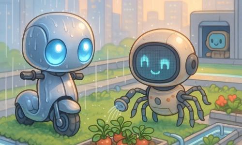 Sprint, o trotinetă-robot chibi strălucitoare cu două „ochi-lămpi” albaștri, carcasă metalică netedă și brațe telescopice mici desfășurate, calmă și curioasă la marginea acoperișului privind apa, roțile ușor întoarse; ROU-7, un robot-grădinar în formă de mic „păianjen” drăguț, cu opt brațe subțiri cu duze și mini-unelte și un ecran rotund cu zâmbet pixeliat, concentrat udând ușor plantele din centru; în fundal, câțiva drone poștale chibi zumzăie zâmbind, iar un robot de întreținere pătrat privește dinspre intrarea trapei, vigilent dar binevoitor; pe acoperiș grădină urbană: covor dens de mușchi verde, straturi joase cu roșii mici și lucioase, rezervor îngust din sticlă cu apă clară reflectantă, tuburi transparente și benzi LED albe la margini; o „ploaie de primăvară” artificială fină cade ca o perdea argintie, cu reflexe albastre pe caroseria lui Sprint, lumină caldă de sfârșit de după-amiază, clădiri futuriste din sticlă în fundal și o bandă verde luminosă dedesubt care marchează aleea principală redeschisă; stil vizual pastel vibrant, contururi rotunjite, texturi netede și lucioase, expresii exagerate și adorabile, compoziție centrată pe interacțiunea calmă între Sprint și ROU-7.