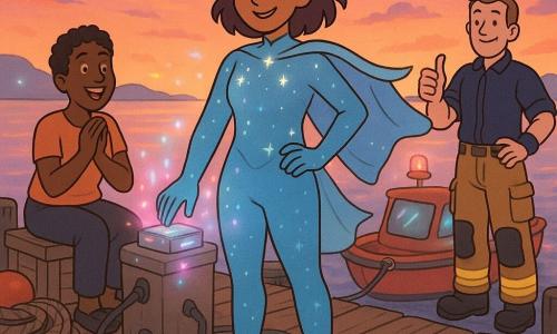 Nova (30) staat op een oud houten dok, opgelucht en trots, in een hemelsblauw kostuum met kleine gloeisterretjes en een lichte cape, hand op een klein glanzend metalen apparaat dat roze en blauwe gloed uitstraalt; links zit Lotte (25) op een houten kist, kort haar, verwonderde blik en samengevouwen handen, verlicht door de oranje zonsondergang; rechts staat Sam (35) bij een klein rood reddingsbootje, brandweerpak opgevouwen, glimlachend en duim omhoog; dikke touwen en rode boeien op het dok, kalm water dat de oranje, paarse en roze lucht weerspiegelt en silhouetten van boten aan de horizon; na de avontuur komen apparaten en voertuigen weer tot leven door golvende lichtstralen van het apparaat, warme geruststellende sfeer, compositie gecentreerd op Nova, ontspannen gezichten en warme kleuren.