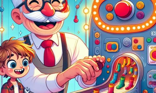 An elderly man, Mr. Whiskerton, with a large white mustache and round glasses sliding down his nose, smiles enthusiastically as he adjusts a large red button on a shiny machine. Next to him, an 8-year-old boy named Max, with messy brown hair and sparkling eyes of curiosity, watches him in admiration, holding a tool in his small hands. The scene takes place in a bright workshop filled with colorful gadgets, sparkling gears, and drawings on the walls, creating a magical and inspiring atmosphere. In the center, the machine, the 