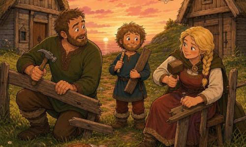A man named Leif, round-faced with a short beard and tangled light brown hair, calm expression and slight smile, holding a small bone flute and a wooden board; a man named Einar, about 40, tanned skin, calloused hands, short hair, surprised-turned-amused expression, holding a hammer and steadying a fence plank; a woman named Svala, about 35, rosy complexion, braided blonde hair, hesitant-then-softening expression, seated on a small stool driving a nail with a mallet. They stand on a grassy hill at dusk between two small thatched wooden houses facing each other, a narrow dirt path between them and a checkered cloth on the ground with bread, smoked fish, and honeyed butter. The warm, reconciliatory scene centers on the broken fence plank and the three figures working together, soft smiles, golden light, berry-colored sky, a few distant gulls, and a warm palette of orange, brown, and moss green with visible textures of weathered wood, rough thatch, and woolen clothing.