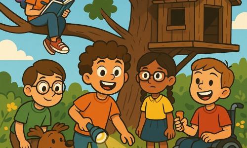 There are five friends: 1. Max, an 11-year-old boy with curly hair and a lot of energy, stands at the center, smiling widely with a flashlight in hand. 2. Leo, a 10-year-old boy with round glasses and brown hair, crouches next to Max, examining an old toy found under the tree. 3. Sam, an 11-year-old girl with long, colorful hair, sits on a branch of the old oak, holding her sketchbook, ready to draw the scene. 4. Ella, a 10-year-old girl with square glasses and braided hair, stands slightly back, carefully observing her surroundings with a focused expression. 5. Jamie, an 11-year-old boy in a wheelchair, is to the right of Max, showing a big smile and holding a granola bar, ready to share with his friends. The setting is an old park with a majestic oak tree, its branches spreading widely, and a worn wooden treehouse surrounded by bushes and wildflowers. The sky is bright blue with fluffy white clouds, and the ground is covered with leaves and small forgotten treasures. The main scene shows the friends on a quest, searching for a mysterious "monster" in the treehouse, with expressions of curiosity and excitement on their faces, while Benny, a scruffy dog, joyfully watches them, ready to join their adventure.