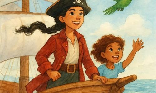 A young female pirate captain, Mara Flint, stands proudly at the bow of her ship, the Sea Wren. She has a long black braid dancing in the wind, and her eyes sparkle with joyful determination. Beside her, Tilly, a mischievous little girl about 12 years old, waves at a green parrot with a red cap flying above them, shouting amusing words. The ship is at sea, with white sails billowing in the wind, and the water glistens under the morning sun. The horizon is clear, with a few fluffy clouds floating in the blue sky. The scene exudes an atmosphere of adventure and freedom, with vivid colors and captivating marine details.