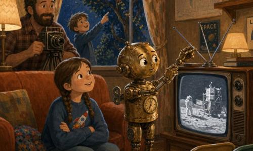 A small brass clockwork automaton (main character) with a shiny face and tiny hands, curious focused expression, delicately adjusting a metal antenna near the television with a careful slightly hunched posture; June, a 9-year-old girl with two braids and a sweatshirt with a rocket sticker, delighted smiling face, standing close with hands clasped watching the screen; June’s father, bearded man in a plaid shirt, relieved attentive expression, operating an old tripod-mounted camera behind the couch at left; a boy with a kite caught in a tree visible through the window, joyful, pointing outside; a warm retro living room with a 1960s box TV showing a grainy moon landing, soft-shaded lamps, wall maps, a cactus on a high shelf, folding chairs and curtains letting in a silvery glow; main scene: a small attentive crowd watches the TV while the automaton repairs the antenna, calm suspense and collective joy, gouache-like soft palette with warm tones and silver moonlight accents.