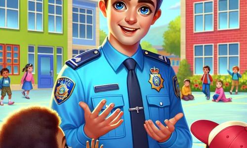 Un joven policía, Lucas, un hombre de unos 25 años, con cabello castaño y ojos brillantes de determinación, lleva un uniforme de policía azul. Sonríe cálidamente mientras habla con un grupo de niños, con las manos abiertas, mostrando que es amigable y accesible. Entre los niños, hay una niña de 8 años, con cabello rizado y un vestido rosa, que levanta la mano para hacer una pregunta, su rostro expresa curiosidad y admiración. Junto a ella, un niño de 9 años, con una gorra roja, escucha atentamente, cautivado por las palabras de Lucas. La escena tiene lugar en el patio de una escuela primaria, rodeado de muros coloridos, con juegos infantiles al fondo y árboles verdes que aportan un toque de naturaleza. Lucas explica a los niños la importancia de la seguridad y la colaboración, mientras un grupo de jóvenes escucha atentamente, creando una atmósfera de aprendizaje alegre y participativa.